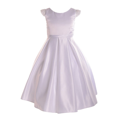 Petite Adele Big Girls White Dull Satin Beaded Junior Bridesmaid Dress 8-16 - SophiasStyle.com